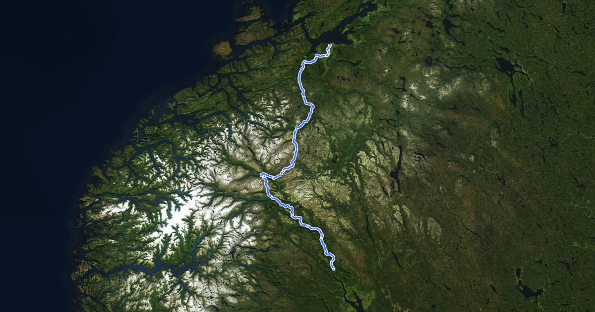 Маршрут Nasjonal sykkelrute 7 Lillehammer-Trondheim на спутниковом снимке