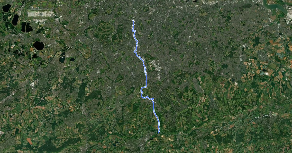 Маршрут National Cycle Route 20 Wandsworth to South Merstham на спутниковом снимке