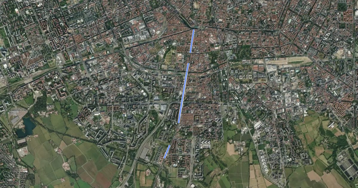 Маршрут Naviglio Pavese на спутниковом снимке