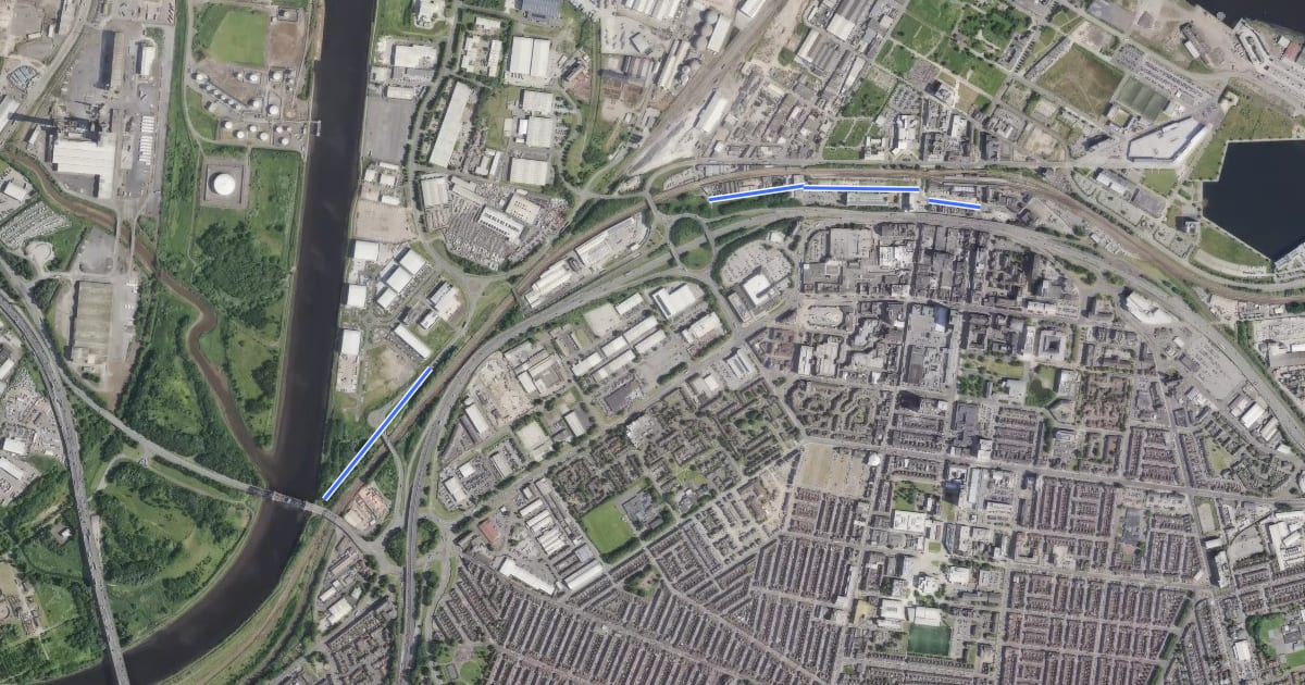 Маршрут NCN 1 Middlesbrough cul-de-sac на спутниковом снимке