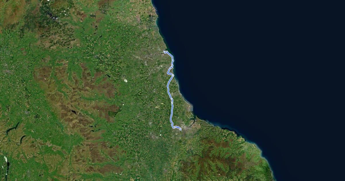 Маршрут NCN 1 Tees to Tyne на спутниковом снимке