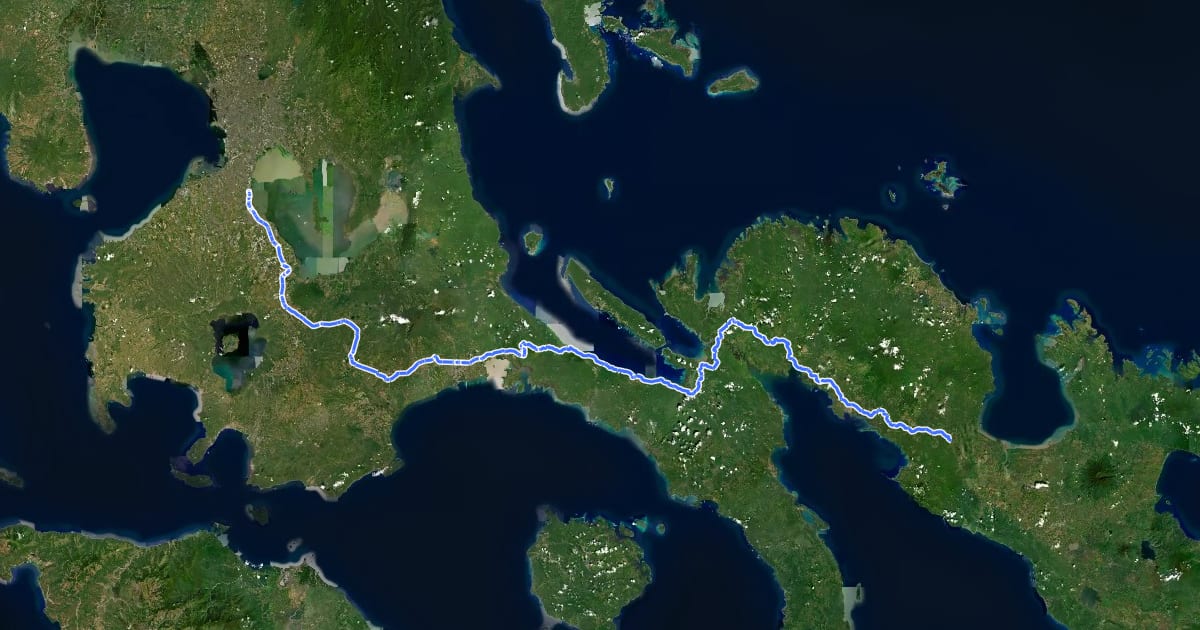Маршрут NCR-CALABARZON-Bicol National Bicycle Route (southbound) на спутниковом снимке