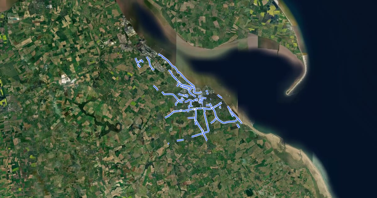 Маршрут NE Lincs local cycle network на спутниковом снимке