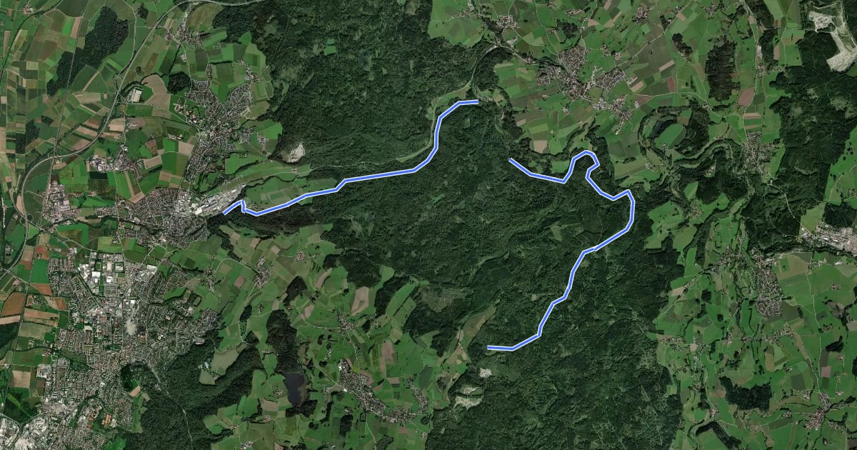Маршрут Nebenweg des Schwäbischen Albvereins (blaues Kreuz) на спутниковом снимке