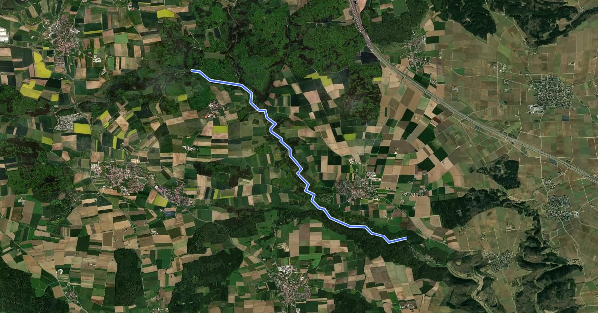 Маршрут Nebenweg des Schwäbischen Albvereins (gelbe Gabel) Hohenstein - Hübscher Stein на спутниковом снимке