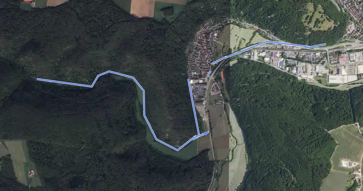 Маршрут Nebenweg des Schwäbischen Albvereins (rote Gabel) на спутниковом снимке
