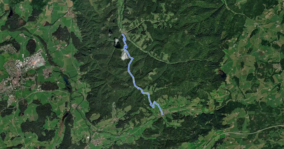 Маршрут Nebenweg des Schwäbischen Albvereins (rotes Kreuz) на спутниковом снимке