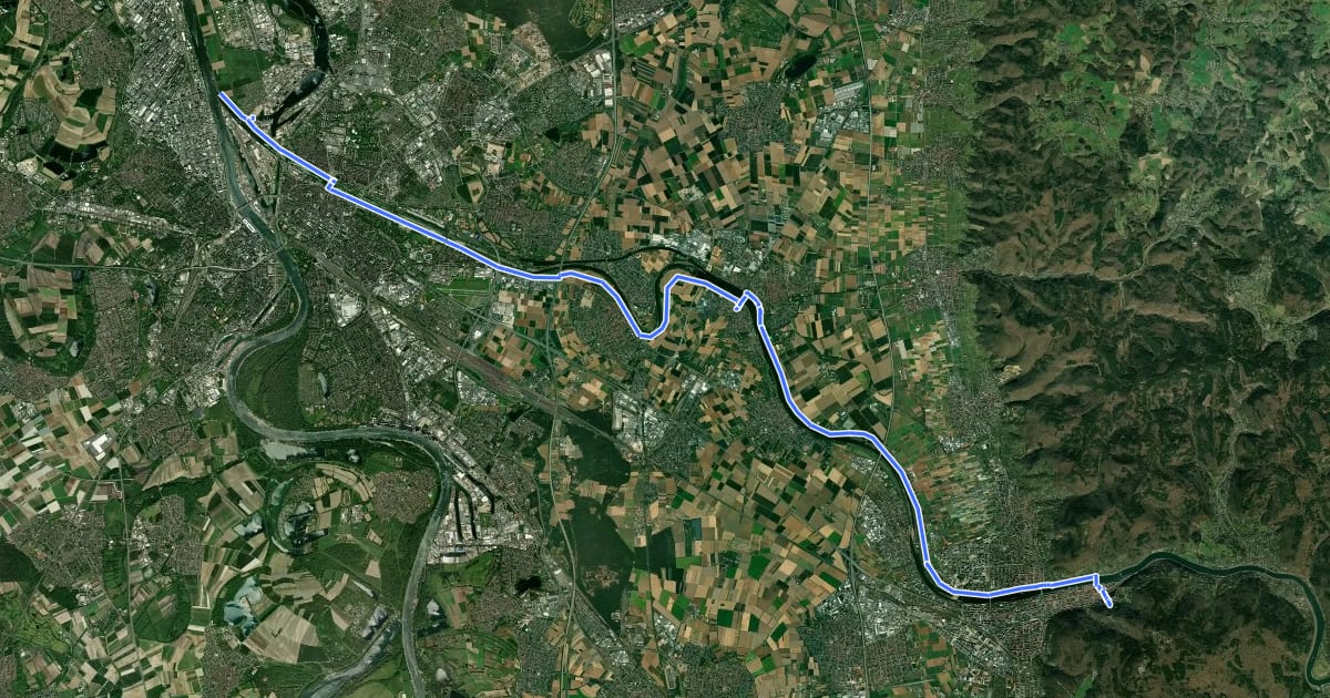 Маршрут Neckarweg Abschnitt 8: Heidelberg - Mannheim на спутниковом снимке