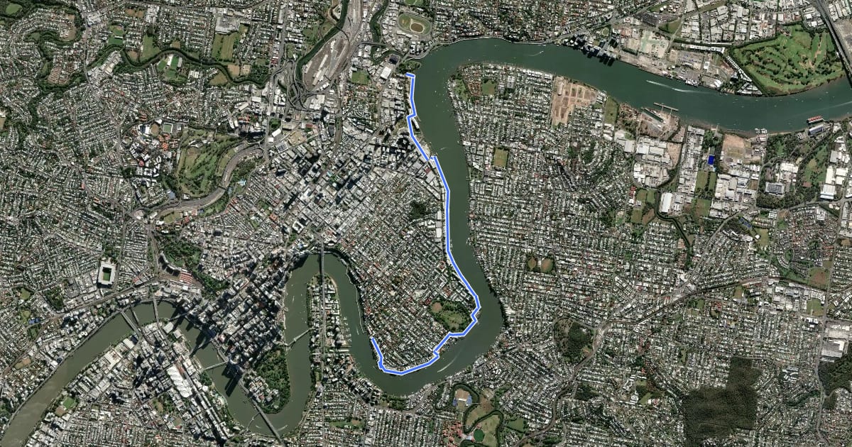 Маршрут New Farm - Newstead Bikeway на спутниковом снимке