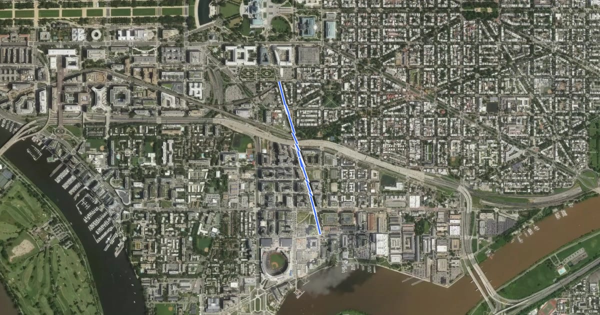 Маршрут New Jersey Avenue Southeast на спутниковом снимке