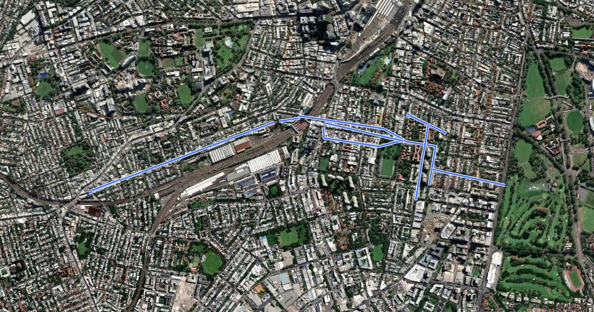Маршрут Newtown – Redfern на спутниковом снимке