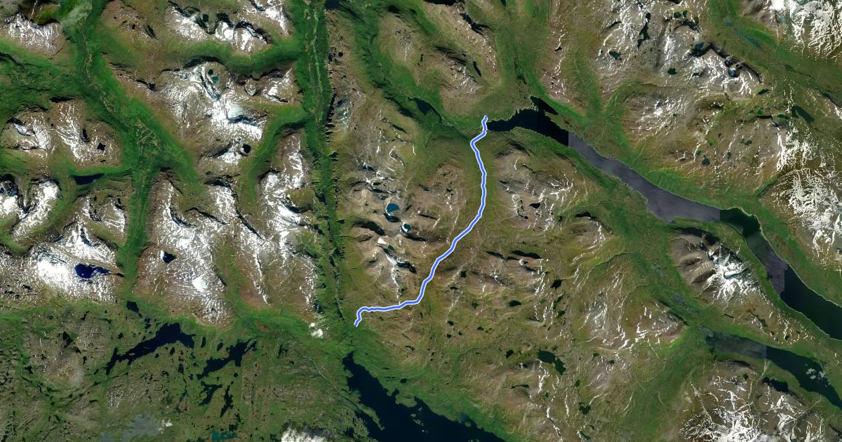 Маршрут Nordkalottruta Etapp 20: Altevasshytta - Lappjordhytta на спутниковом снимке