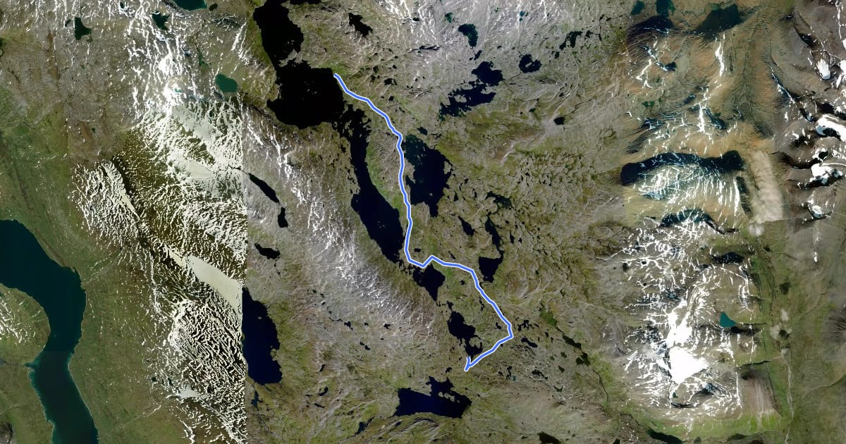 Маршрут Nordkalottruta Etapp 28: Hukejaure - Gautelishytta на спутниковом снимке