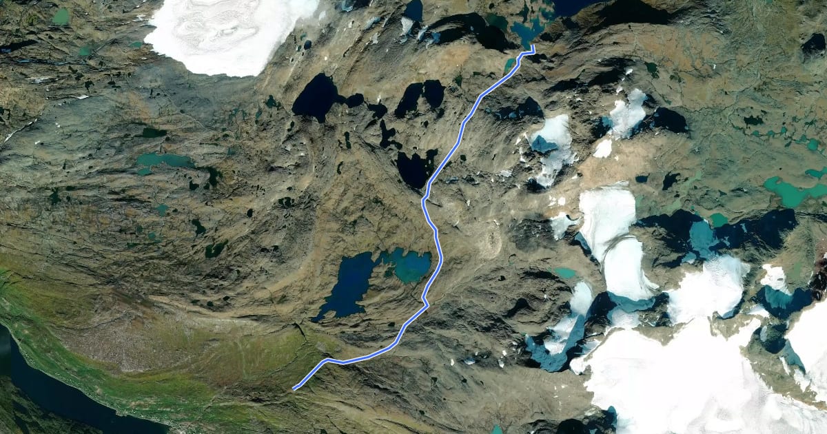 Маршрут Nordkalottruta Etapp 42: Sorjushytta - Ny-Sulitjelma Fjellstue на спутниковом снимке