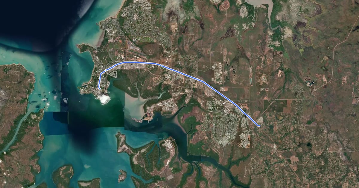 Маршрут North Australia Rail Trail на спутниковом снимке