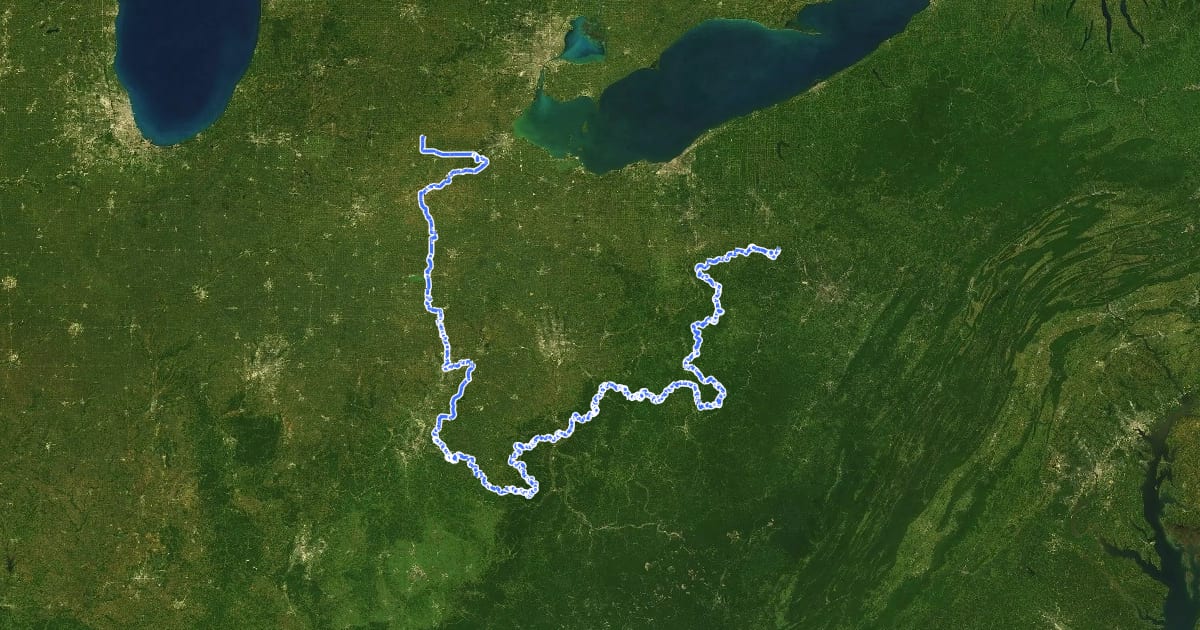 Маршрут North Country National Scenic Trail (OH) на спутниковом снимке