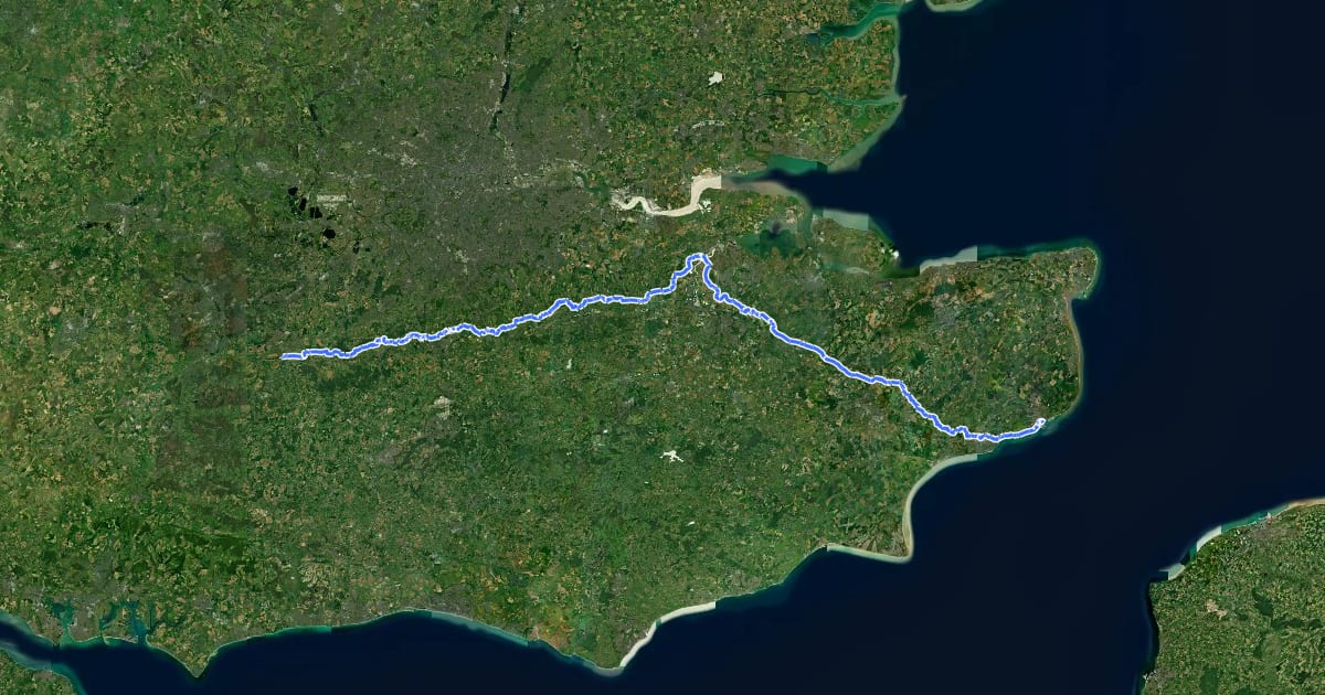 Маршрут North Downs Way (Eastern) на спутниковом снимке