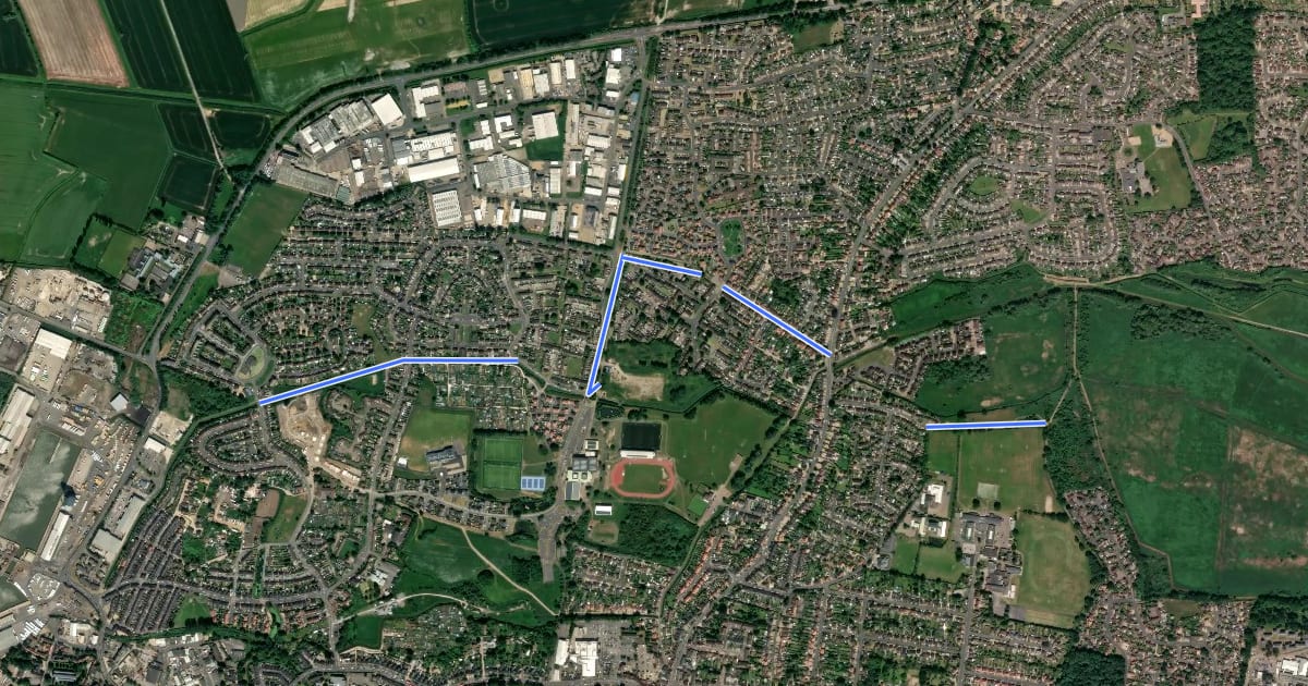 Маршрут North Lynn ↔ Marsh Lane ↔ Springwood на спутниковом снимке