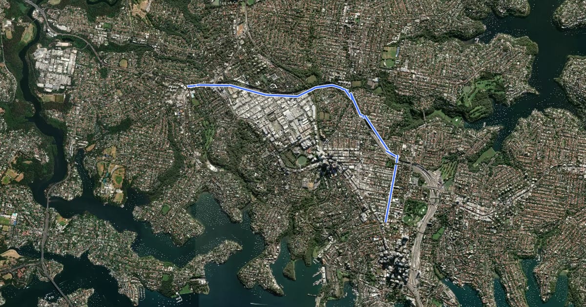 Маршрут North Syd to Lane Cove Cycle Route на спутниковом снимке