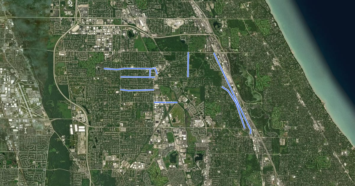 Маршрут Northbrook Bicycle Network на спутниковом снимке