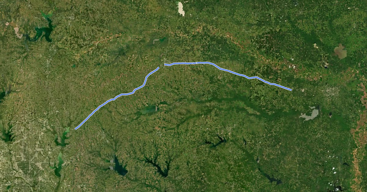 Маршрут Northeast Texas Trail на спутниковом снимке