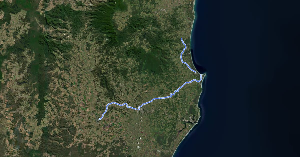 Маршрут Northern Rivers Rail Trail на спутниковом снимке
