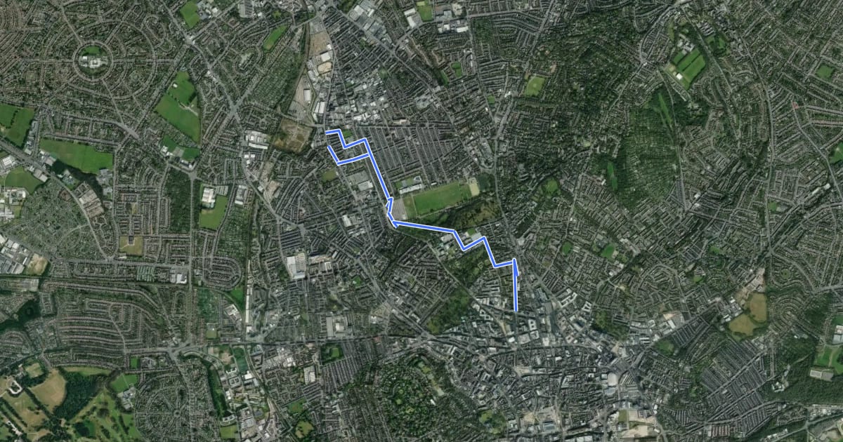 Маршрут NTU City Campus to New Basford Avoiding Tram Lines на спутниковом снимке