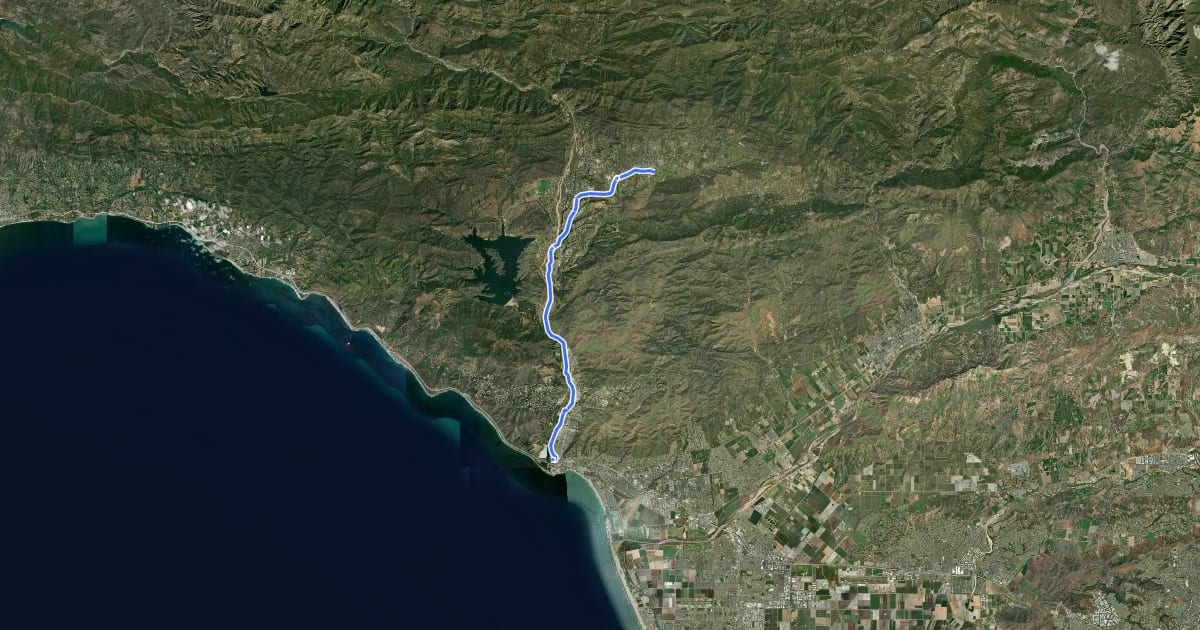 Маршрут Ojai - Ventura Bike Path на спутниковом снимке