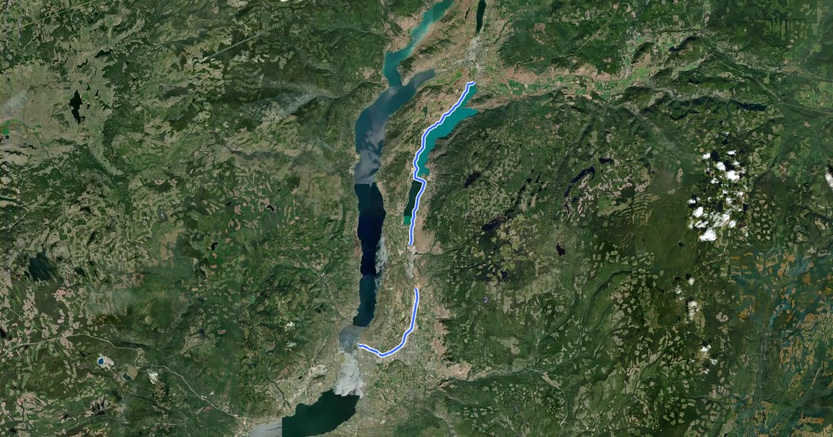 Маршрут Okanagan Rail Trail на спутниковом снимке