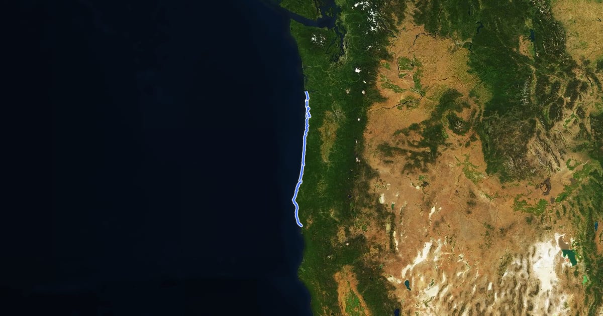 Маршрут Oregon Coast Trail на спутниковом снимке