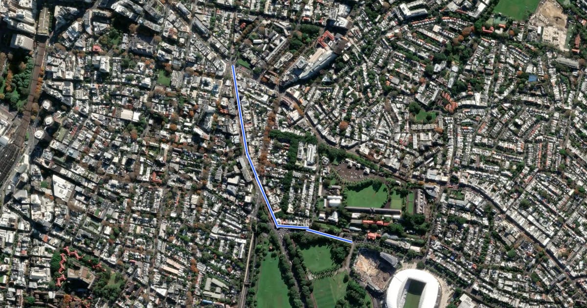 Маршрут Oxford Street - Moore Park на спутниковом снимке