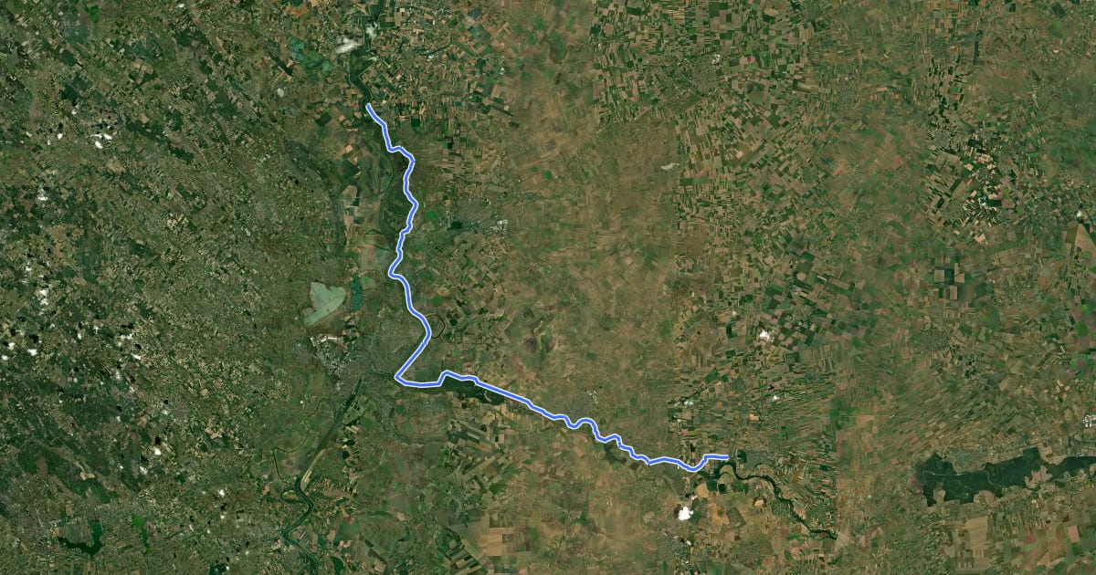 Маршрут P (Mindszent, rév – Szeged, Tápai rév – Nagylak) на спутниковом снимке