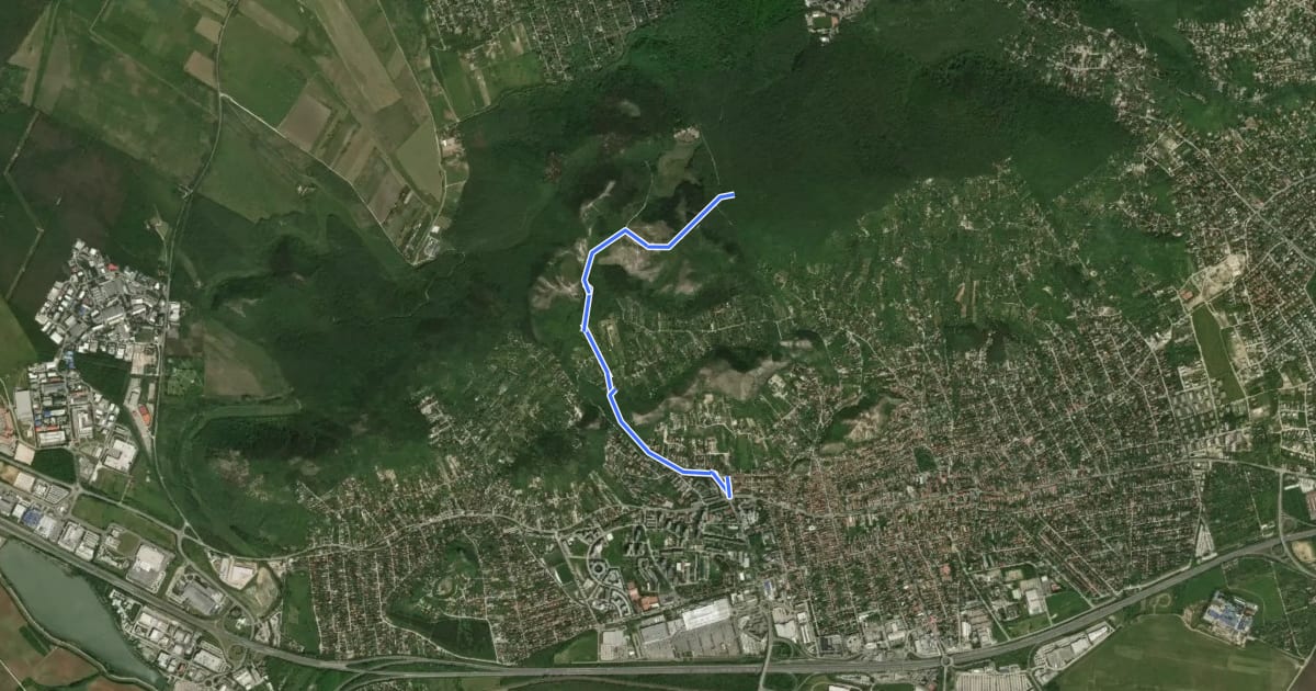 Маршрут P+ (Piktortégla-üregek – Farkas-hegy – Budaörs, városháza aut. m.) на спутниковом снимке