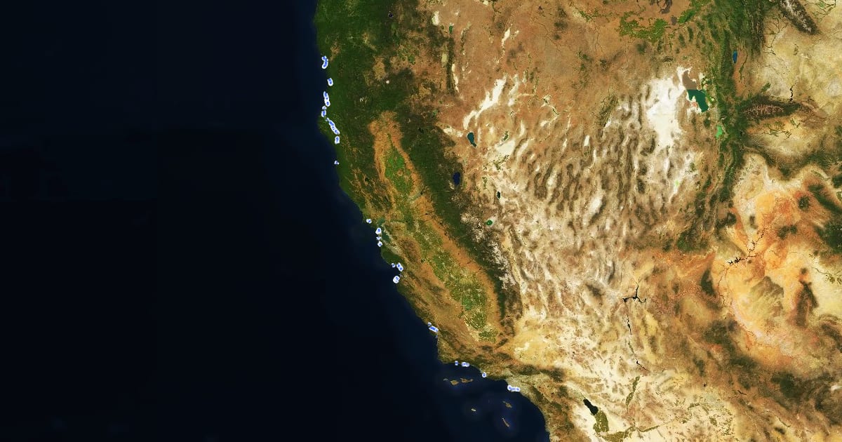 Маршрут Pacific Coast Bike Route (North) на спутниковом снимке