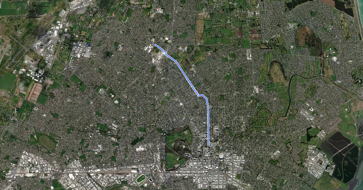 Маршрут Papanui Parallel Cycleway на спутниковом снимке