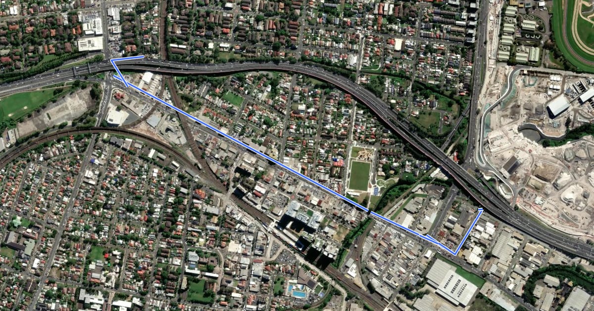 Маршрут Parramatta Road на спутниковом снимке