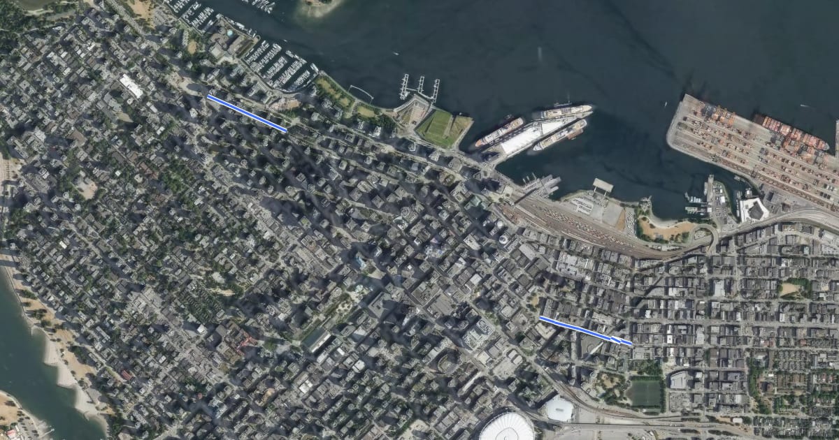 Маршрут Pender Bikeway на спутниковом снимке