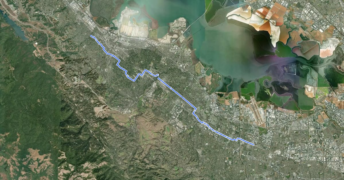 Маршрут Peninsula Bikeway на спутниковом снимке