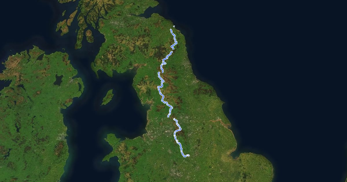Маршрут Pennine Cycleway на спутниковом снимке