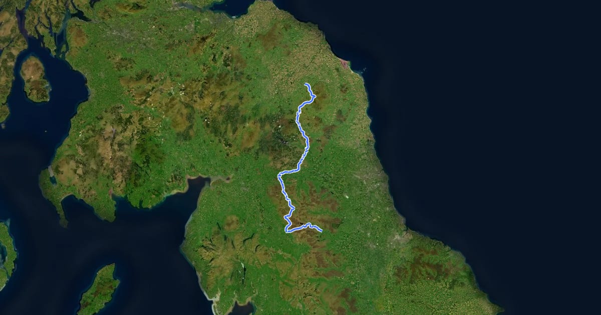 Маршрут Pennine Way (Middleton in Teesdale to Kirk Yetholm) на спутниковом снимке