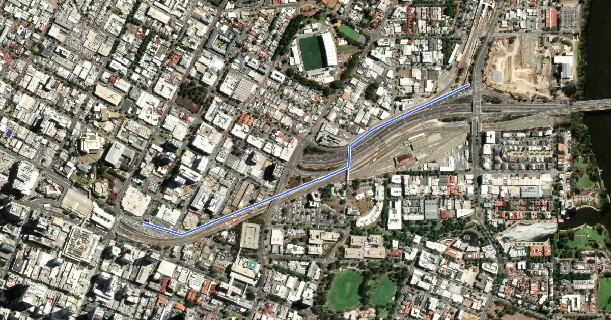 Маршрут Perth-East Perth PSP на спутниковом снимке