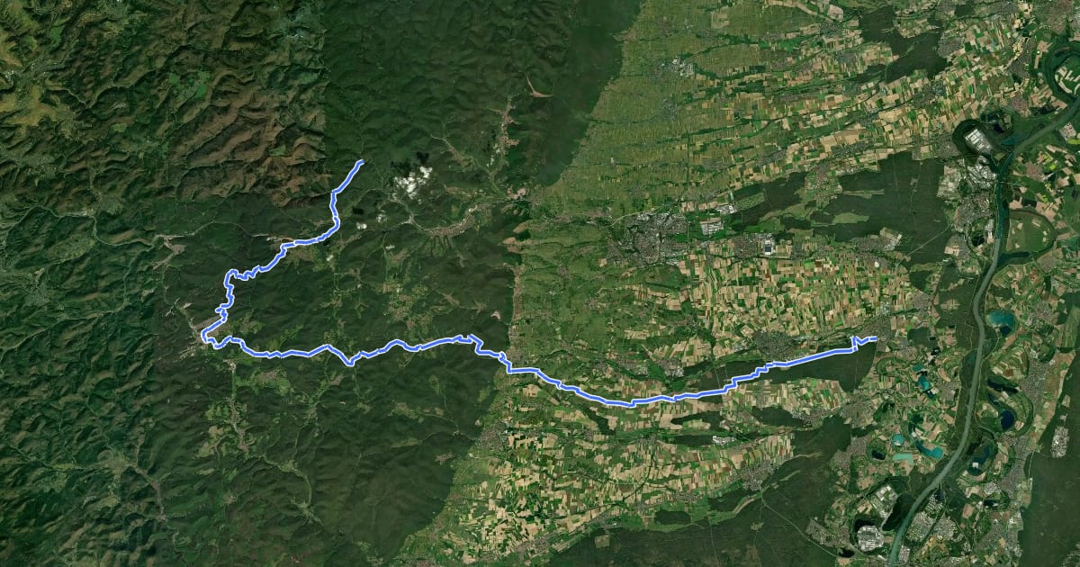 Маршрут Pfälzerwald Gelb-Roter Balken : Wellbachtal <=> Rülzheim на спутниковом снимке
