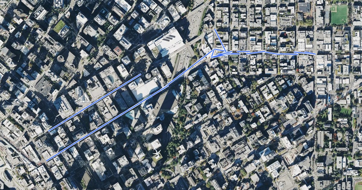 Маршрут Pike & Pine Bike Lanes на спутниковом снимке