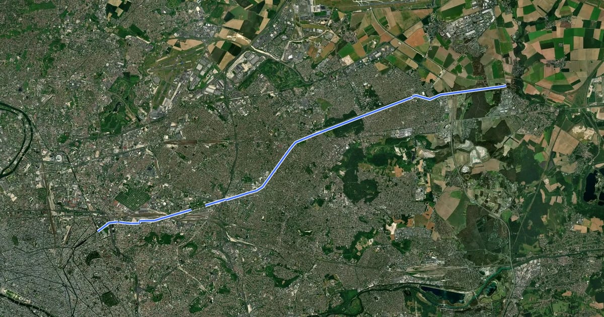 Маршрут Piste cyclable du canal de l'Ourcq на спутниковом снимке
