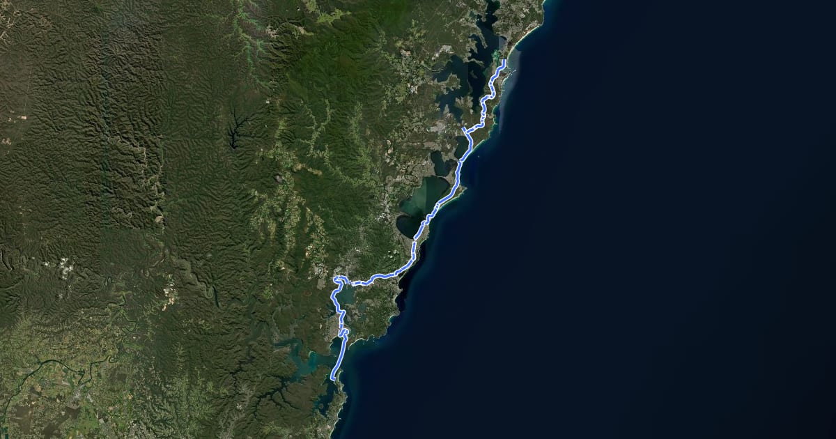 Маршрут Pittwater Lake Macquarie NSW Coastline Cycleway на спутниковом снимке