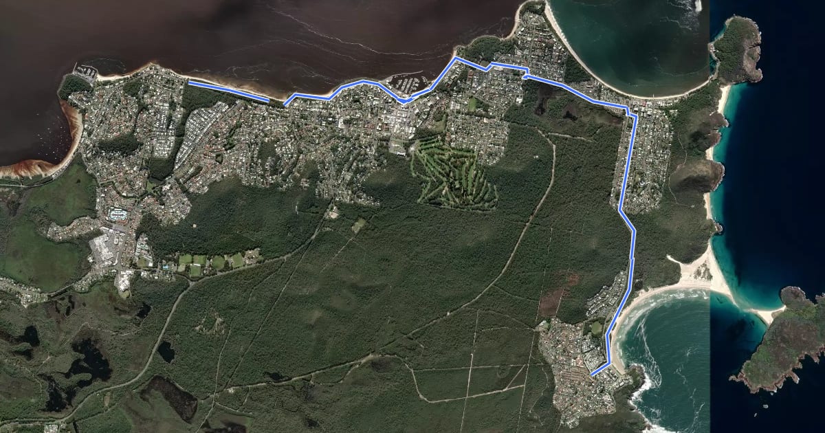 Маршрут Port Stephens Shared Path на спутниковом снимке