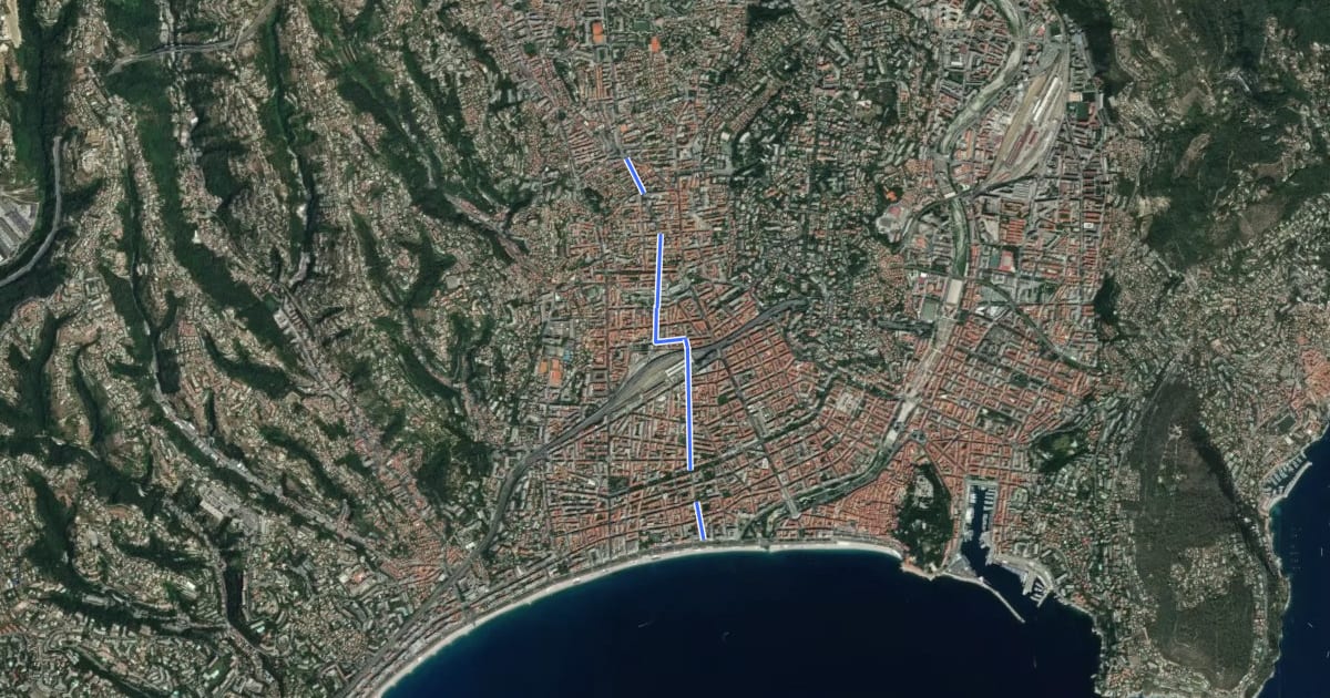 Маршрут Promenade des Anglais <> Gare du Sud <> Square Daudet на спутниковом снимке