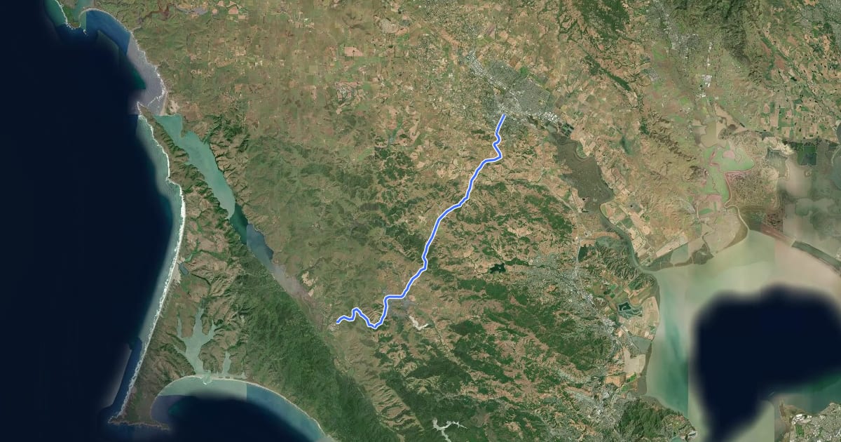 Маршрут Pt Reyes Petaluma Bike Route на спутниковом снимке