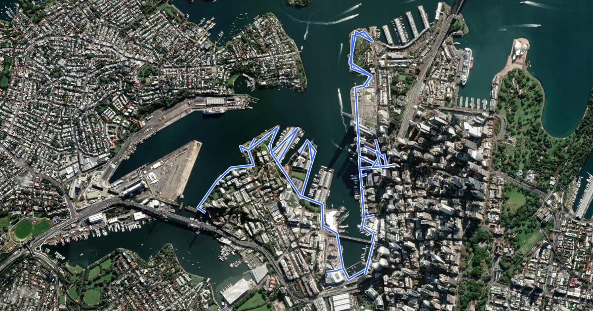 Маршрут Pyrmont - Barangaroo на спутниковом снимке