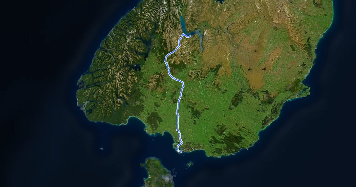 Маршрут Queenstown to Bluff Tour Aotearoa на спутниковом снимке
